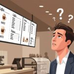 Man confused by coffee choices on a café menu, wondering what a cortado is