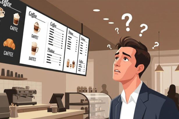 Man confused by coffee choices on a café menu, wondering what a cortado is