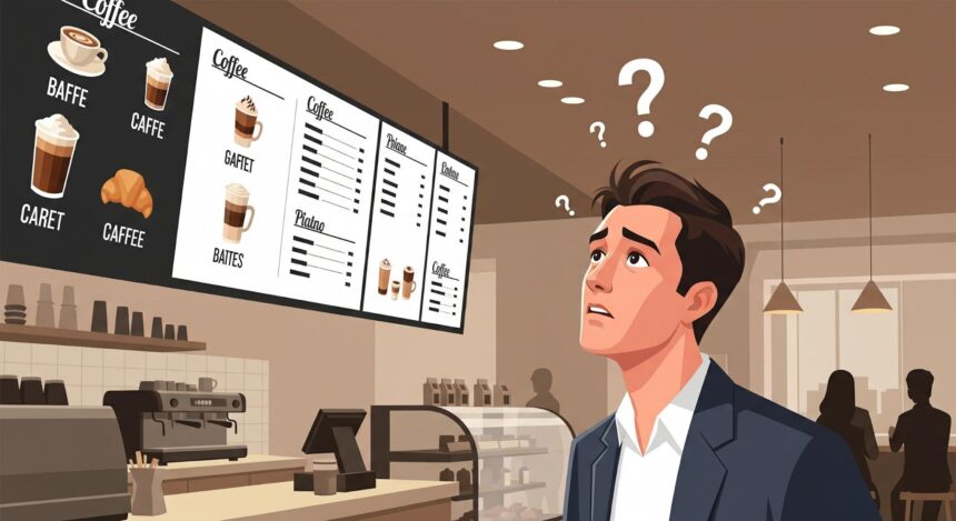 Man confused by coffee choices on a café menu, wondering what a cortado is