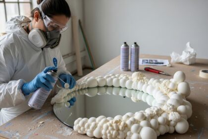 person making cloud mirror with foam