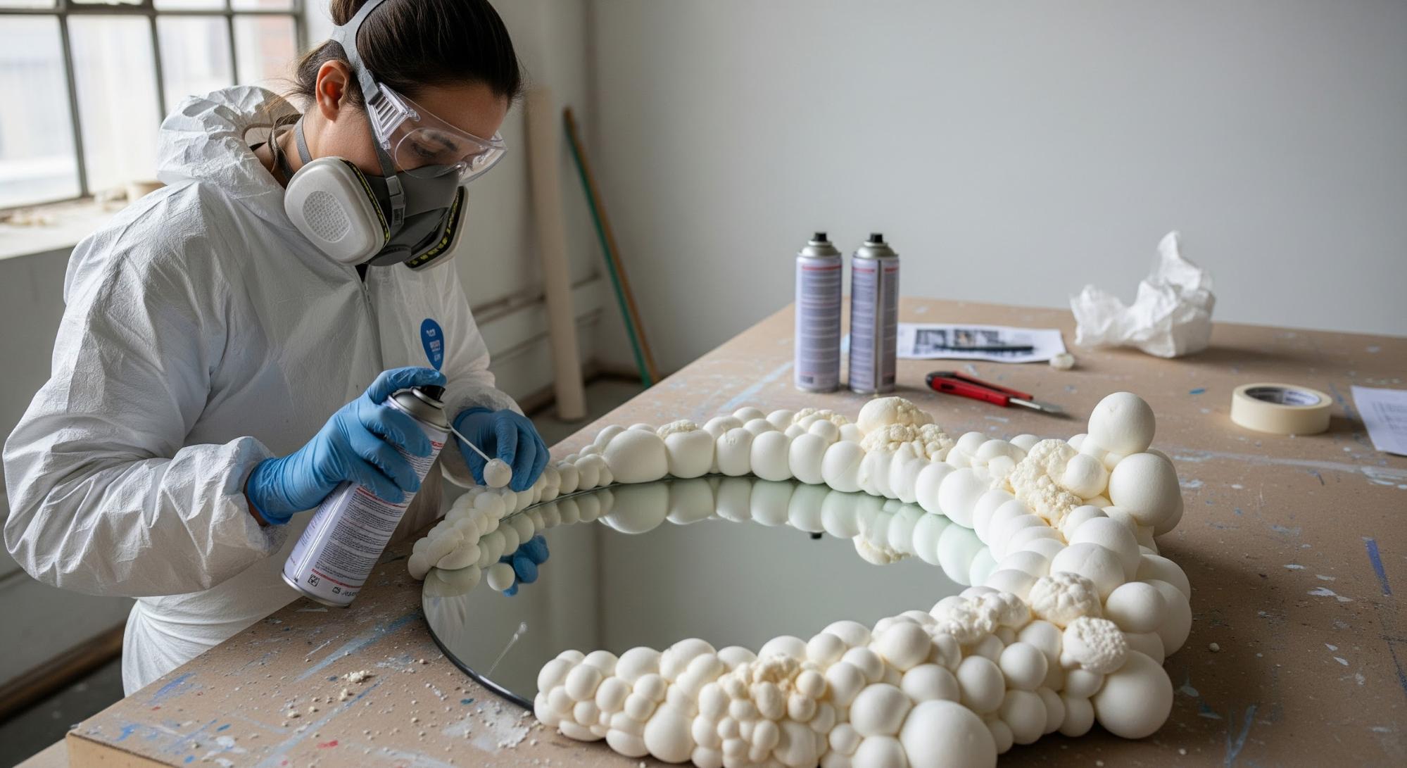 person making cloud mirror with foam