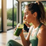 woman drinking green smoothie after yoga