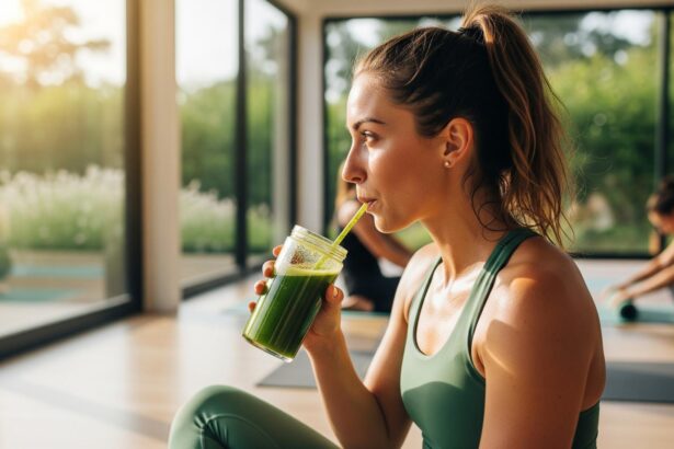 woman drinking green smoothie after yoga