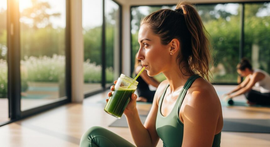 woman drinking green smoothie after yoga