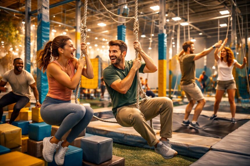 group of adults enjoying play-based movement activity instead of traditional gym workout