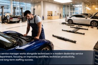 dealership technician working efficiently after service manager optimizes dispatch and workflow systems