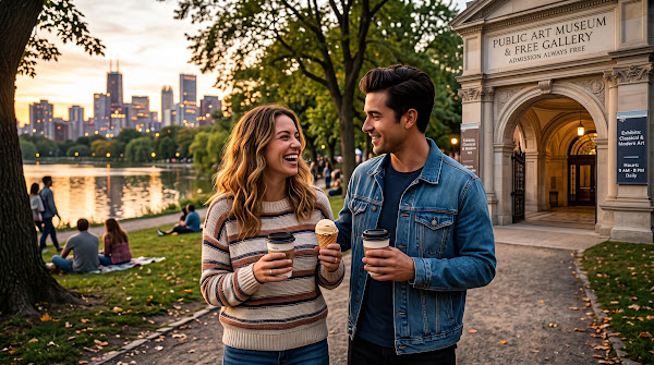 Couple walking through a city park holding coffee cups