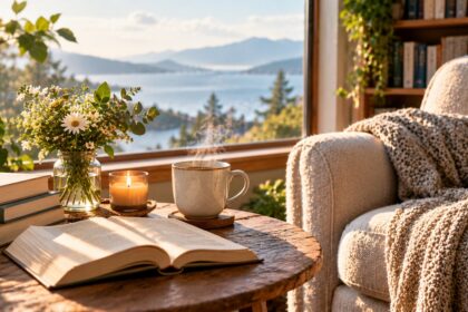 Cozy stack of quiet Sunday afternoon books
