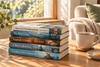 Cozy stack of quiet Sunday afternoon books