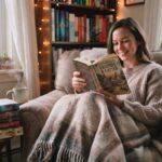 Woman reading comfort fiction in a cozy setting