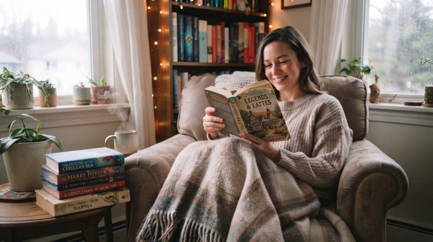 Woman reading comfort fiction in a cozy setting